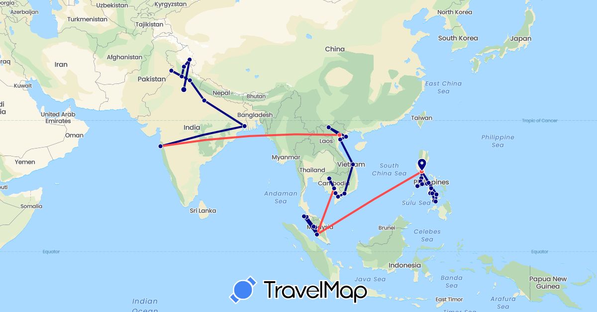 TravelMap itinerary: driving, hiking in India, Cambodia, Malaysia, Philippines, Thailand, Vietnam (Asia)